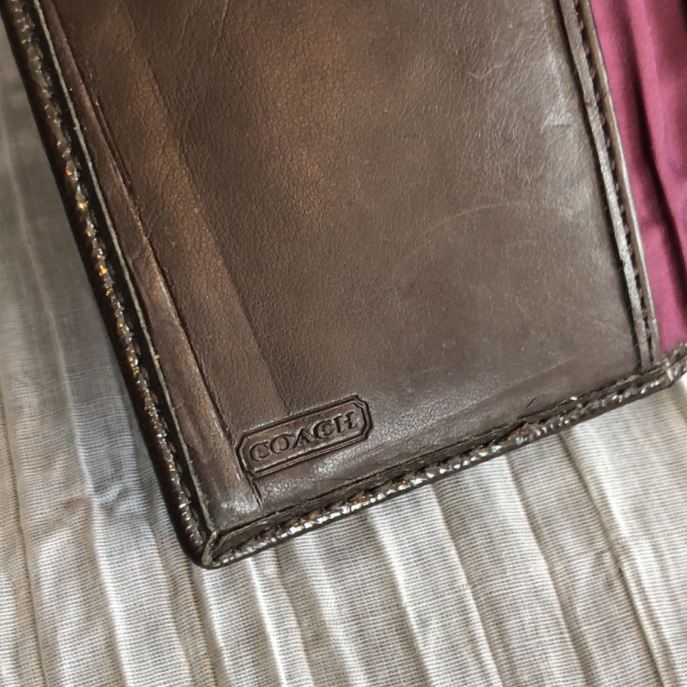 COACH Ashley Signature Silk bifold checkbook wallet brown leather w/purple - Picture 9 of 16